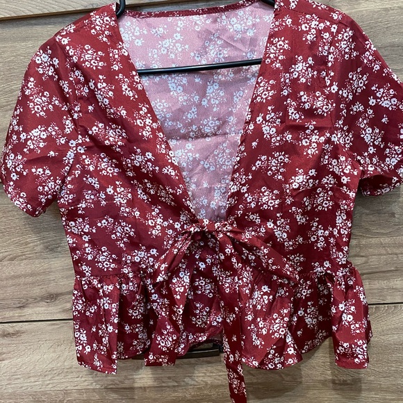 Red floral wrap top - Picture 1 of 2